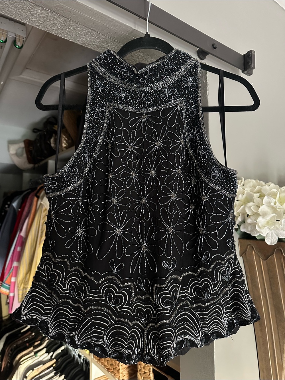 Papell Boutique Black Beaded Halter Camisole